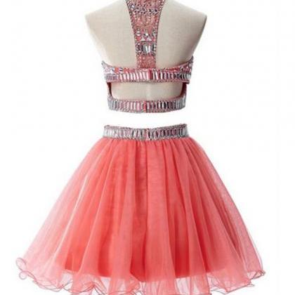 Watermelon Two Pieces Backless Short Prom..