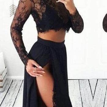 2 Pieces Evening Gowns Long Sleeve Prom Dress Lace..