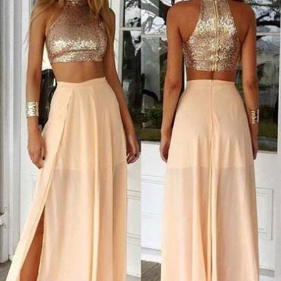 Two Piece Champagne Cute Short Sequins Party Dress, Round Neckline Prom Dress Homecoming Dress main image 1