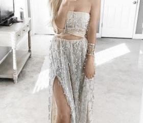 Shining Strapless Beading Split Prom Dress - Sleeveless main image 0