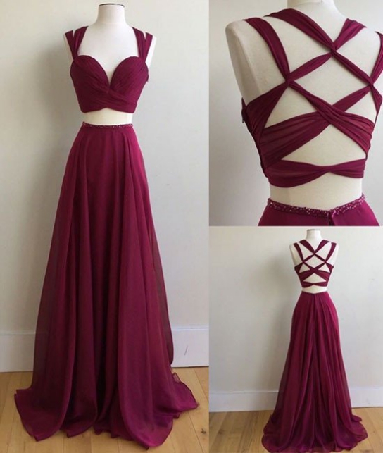 A-line Two-piece Burgundy Chiffon Long Prom Dress Evening Gowns For Women Party Dress