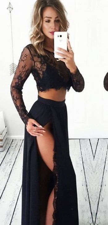 2 Pieces Evening Gowns Long Sleeve Prom Dress Lace Black Prom Dress Sexy Prom Dresses