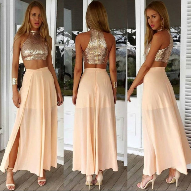 Trendy Contrast Color Two Piece Lace Top Long Prom Dress with side Slit and Pockets,20081909
