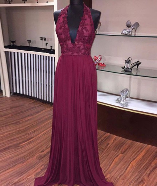 Chiffon Sleeveless  V-neck Appliques Lace Prom Dresses